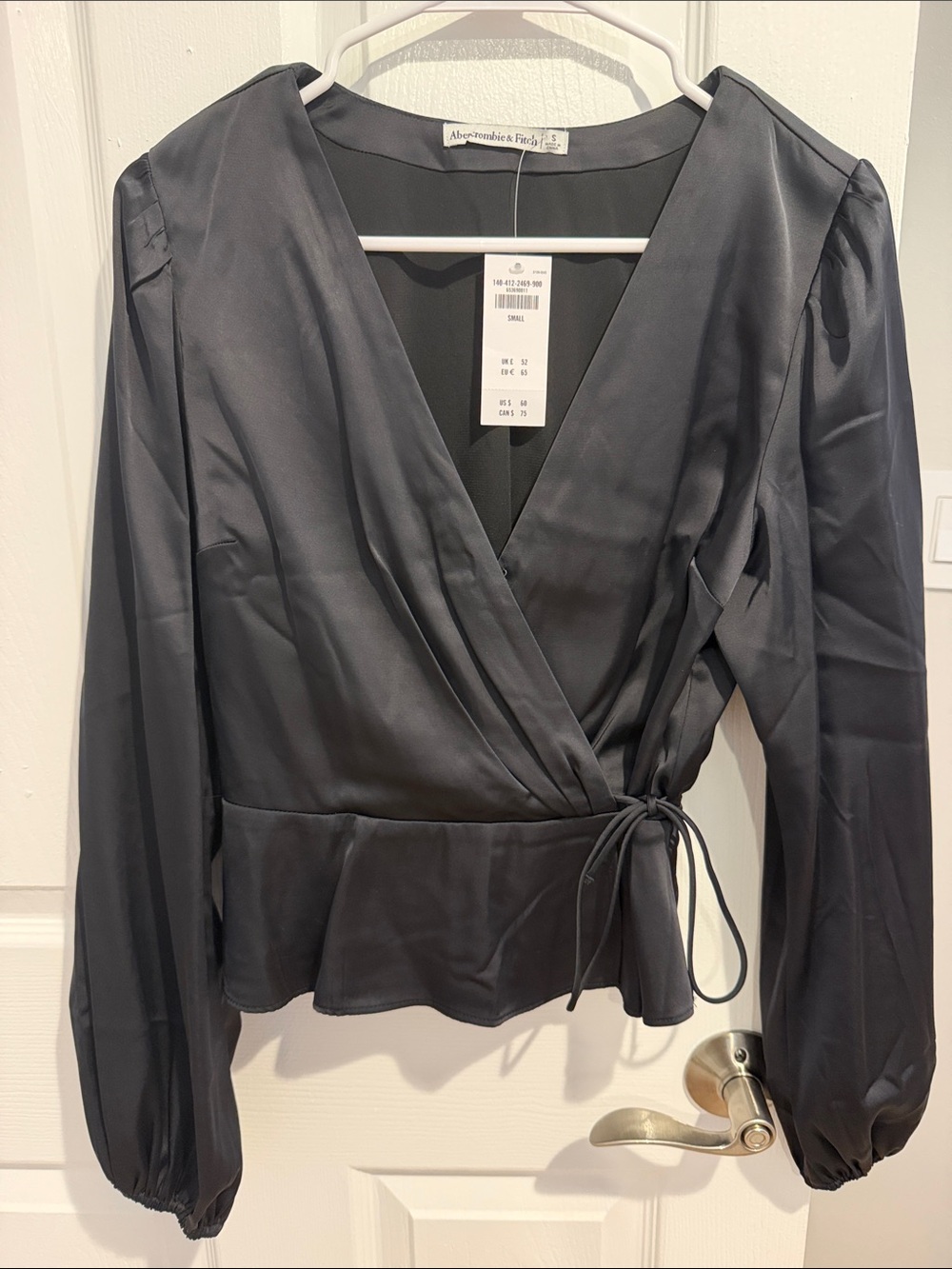 Abercrombie & Fitch Black Satin Wrap Blouse with Tie Waist
